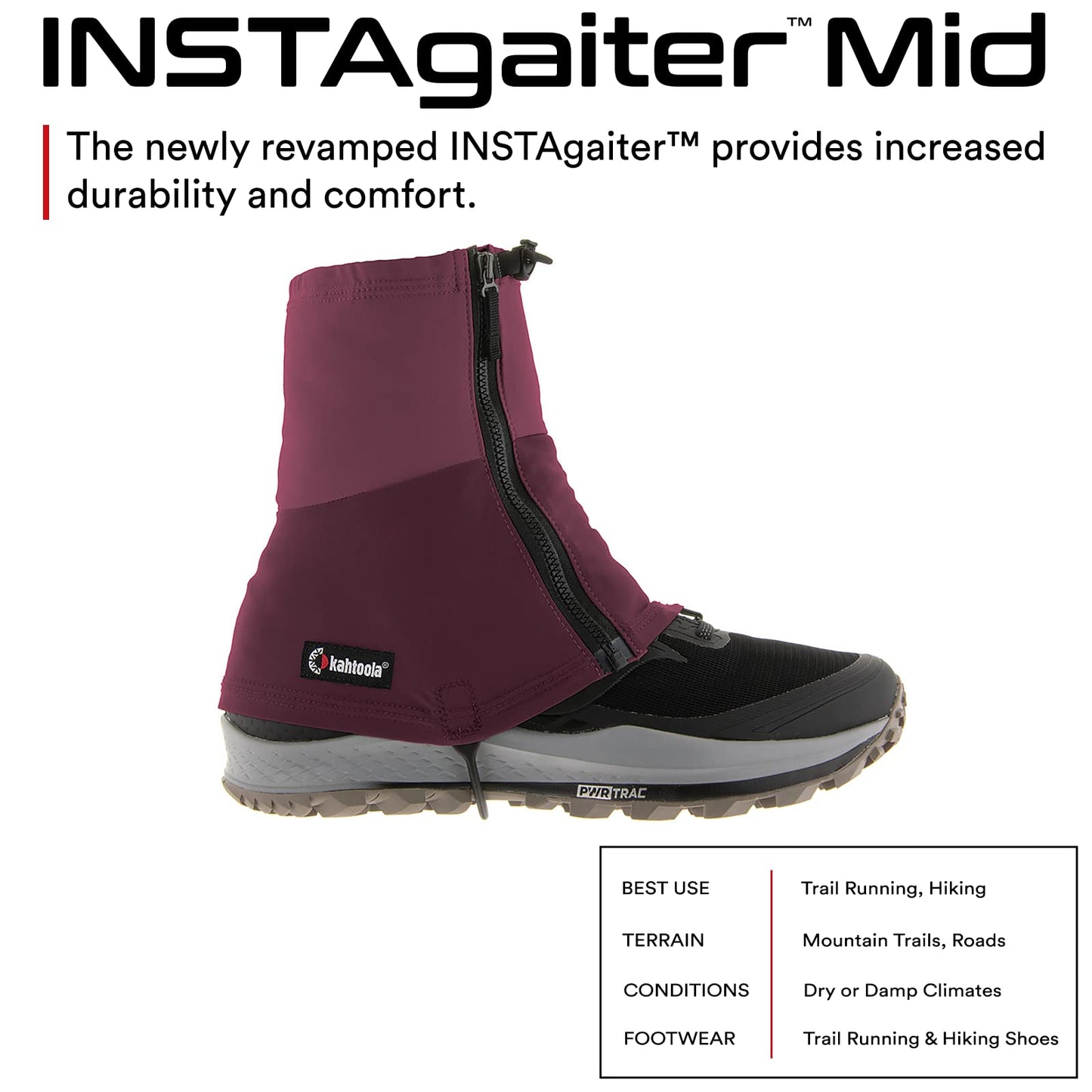 Kahtoola INSTAgaiter Mid Gaiters for Hiking, Trail Running, Mountaineering, Hunting, Rocky Terrain, Mud, Snow & Ice - Berry - Large|X-Large