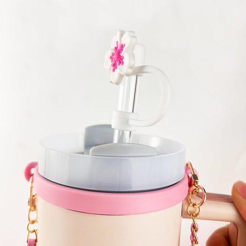 Velaco 11 PCS Accessories for Stanley Cup, Water Bottle Handle Strap for Stanley 30/40 oz tumbler with handle, including Straw Toppers, Silicone Cup Boot, Keychain Charms - PINK