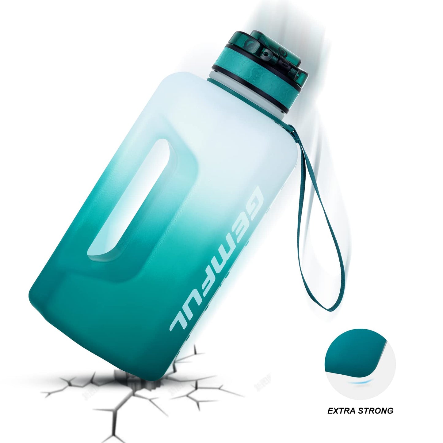 GEMFUL Motivational Water Bottle 74oz Time Marker for Gym (Cyan no Straw)