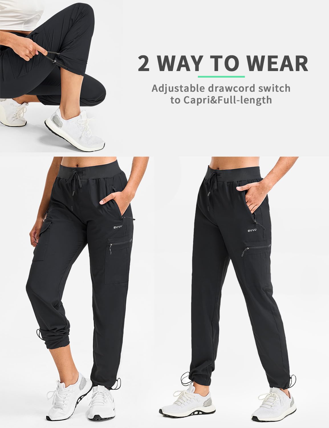 BVVU Women's Hiking Pants Lightweight Quick Dry Travel Outdoor Pants Waterproof Work Cargo Joggers with Zipper Pockets Black