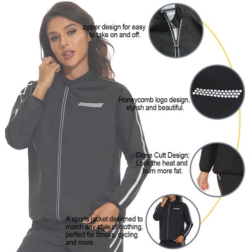 LAZAWG Women Sauna Suit Long Sleeve Lightweight Zipper Workout Women Sweat Suits for Gym Running Fitness Exercise