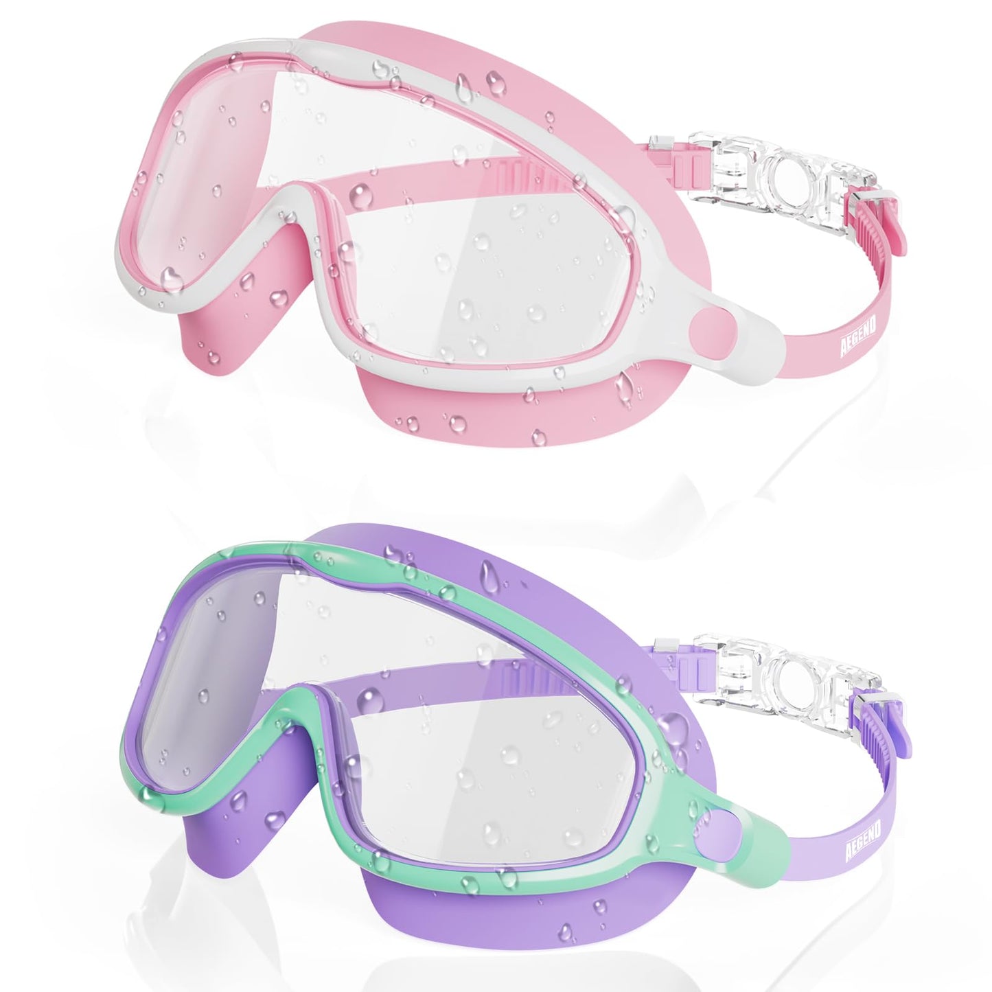 Aegend Swim Goggles 2PCS Wider Vision Swimming Goggles for Kids 3-14 (Pink & Purple)