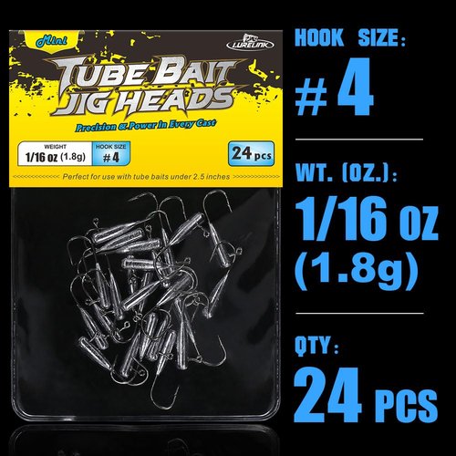 Tube Jig Heads for Crappie, Panfish, and Bass Fishing - 24 Pack (1/16 oz)