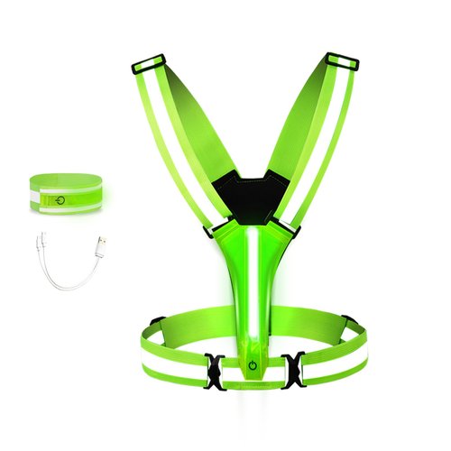 Pomerol LED Reflective Vest Running Gear High Visibility Reflective Running Gear Rechargeable Light Up Running Vest for Walking Running Cycling, Adjustable for Men Women （ 4Lights Colors +LED Wrist）
