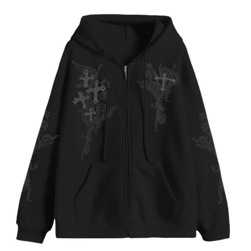 Black X-Large Zip Up Hooded Graphic Gothic Hoodie - Y2K Grunge Cross Design