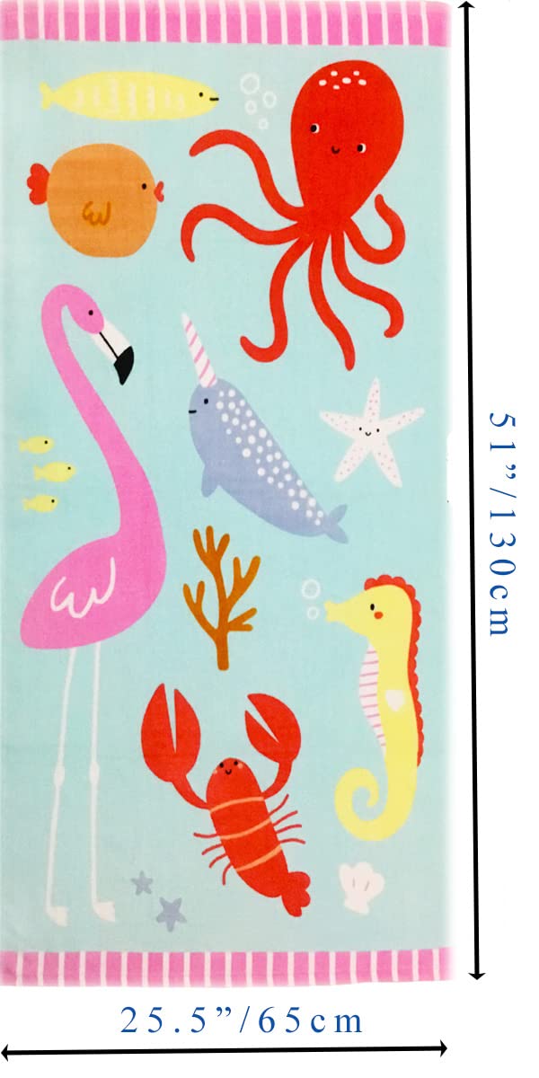 YIFONTIN Beach Towel for Kids Velour Terry Blanket Throw 100% Cotton 25.5X51 inches for Swimming Bath Travel Camping and Picnic, Flamingo Lobster Octopus.