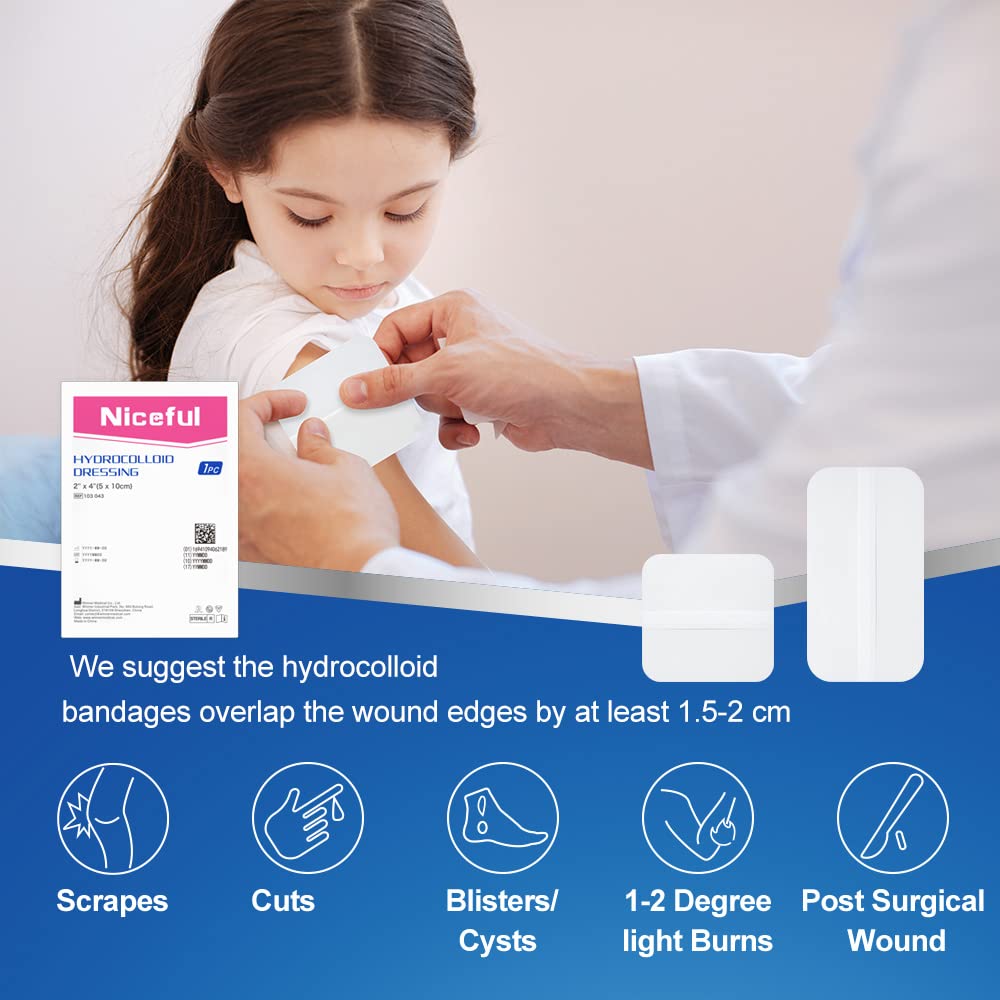 Niceful 10 Count Hydrocolloid Bandages Large, 2" x 4" Hydrocolloid Wound Dressing Extra Thin for Light Exudate, Hydrocolloid Gel Bandages Fast Healing