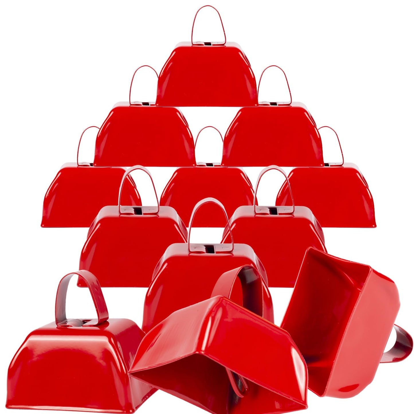 Cow Bells Noise Makers Red Cheering Bell for Sporting Events: 12 Pcs Metal Cowbells with Handle - Small Loud Bell Bulk Hand Percussion for Football Games Graduation Weddings-Red