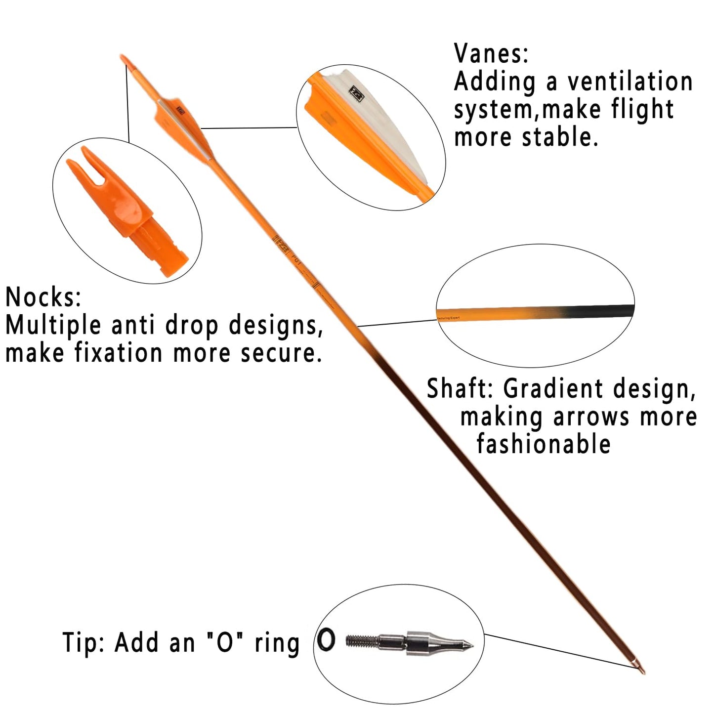 PG1ARCHERY 30Inch Carbon Arrows for Hunting Archery Removable Tips Spine 400 with 3“ Vanes Suit for Compound & Recurve Bow (Pack of 12) (White Orange)