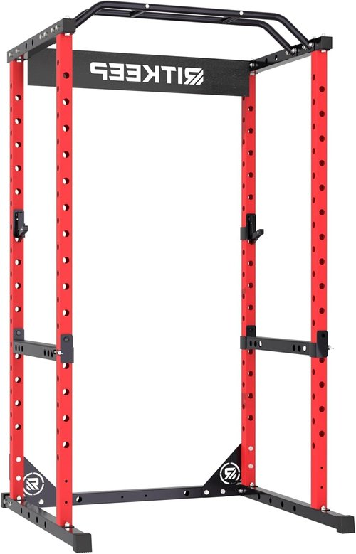 RitKeep RMAX 2250 Multi-Functional Power Rack - 1200lb Capacity Squat Rack for Home Gym with Multi-Grip Pull-Up Bar, J-Hooks, and Safety Bars (Red(red barbell）, 700LB barbell)