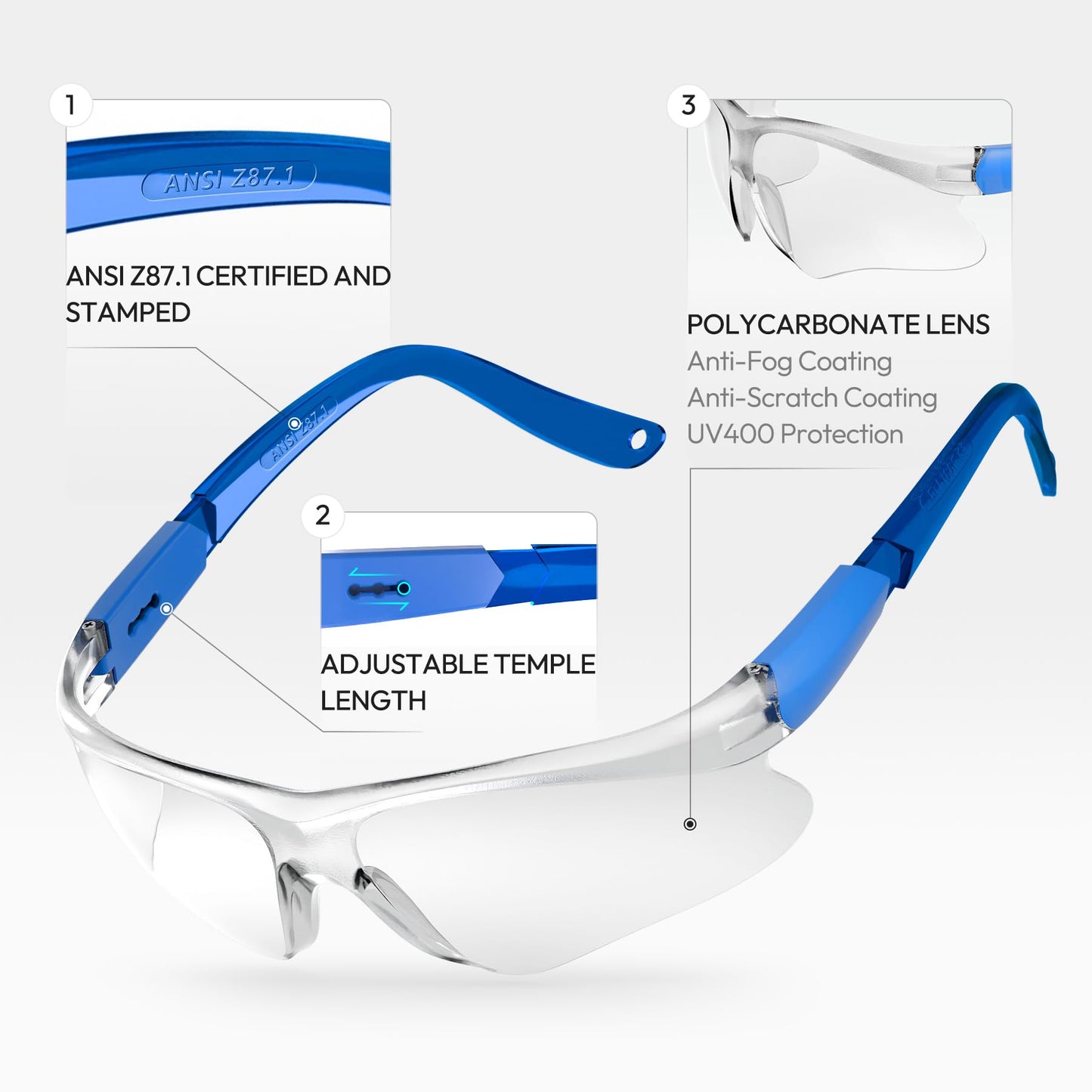 LaneTop Shooting Glasses for Youth & Small Face Adults - Anti-Fog, UV Protection, Adjustable Arms - ANSI Z87.1 Certified Safety Glasses for Shooting Range- Clear Lens