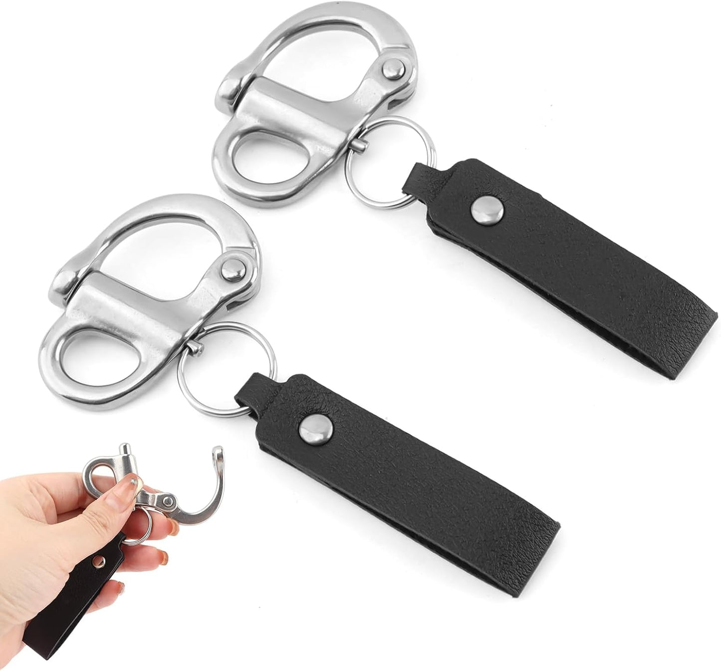 2 Pack SCBA Mask Quick Release Clip Shackle with Leather Lanyard, 316 Stainless Steel Snap Swivel Clips for Firefighting, Outdoor & Emergency Use