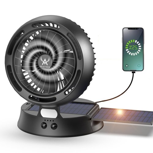 Apatner Rechargeable Solar Fan Outdoor for Camping - 10400mAh Battery Operated Fans Solar Portable Tent Fan for Greenhouse,LED Lantern,4 Speeds with PowerBank for Car,Ship,Carnival