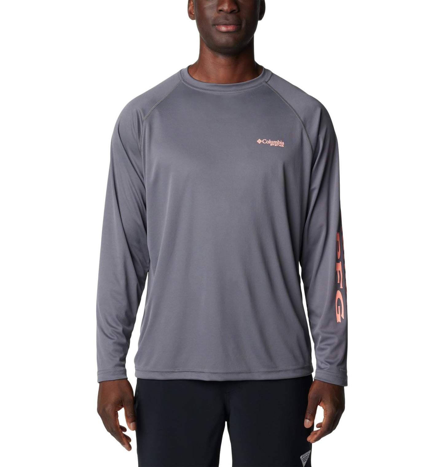 Columbia Men's Terminal Tackle Long Sleeve Fishing Shirt, City Grey/Tiki Pink Logo, XX-Large