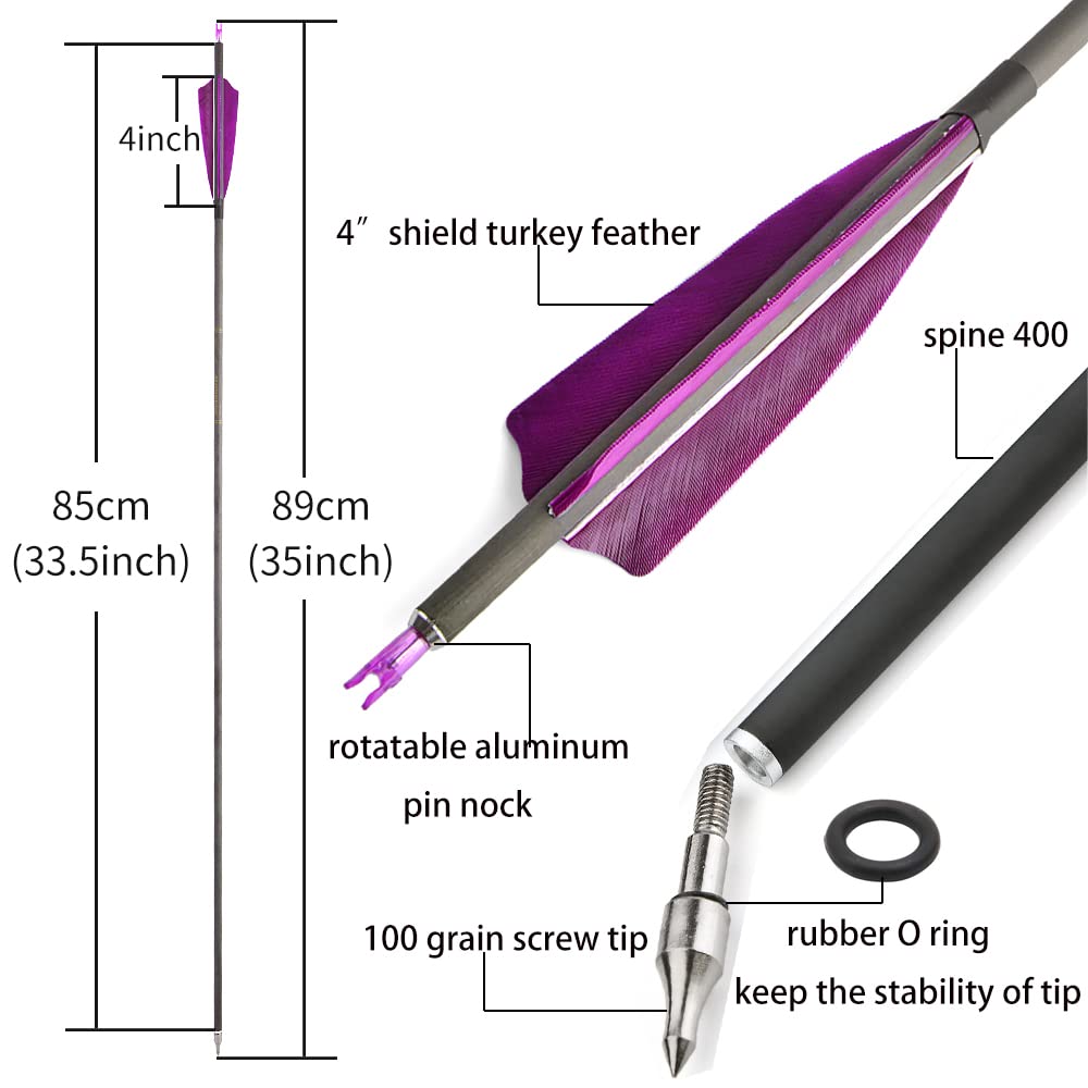 SHARROW 33 inch Carbon Arrow Hunting Arrows 400 Spine with 100 Grain Removable Tips for Archery Compound & Recurve & Traditional Bow Hunting Practice Shooting 6/12pcs (12pcs, Purple)
