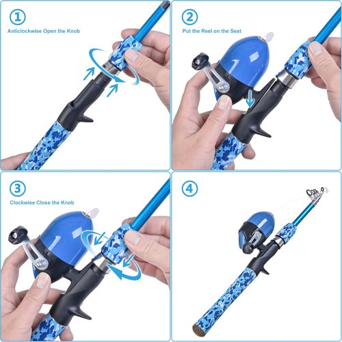 CODEK Kids Fishing Pole Set with Full Starter Kits 2 Set Portable Telescopic Fishing Rod and Spincast Reel Cambos with a Fishing Net and 2 Buckets for Boys Girls and Youth (Blue+Orange)