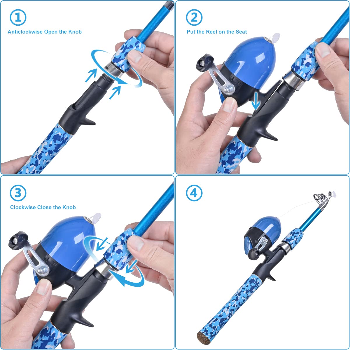 CODEK Kids Fishing Pole Set with Full Starter Kits 2 Set Portable Telescopic Fishing Rod and Spincast Reel Cambos with a Fishing Net and 2 Buckets for Boys Girls and Youth (Blue+Orange)