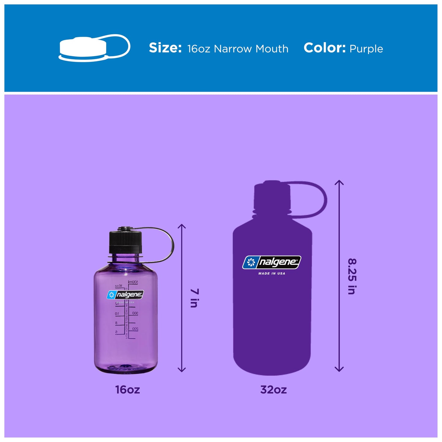 Nalgene 16 oz Narrow Mouth Water Bottle | Slim Cup Holder Size, BPA-Free, Durable & Leak Proof, Lightweight Travel Bottle, Purple