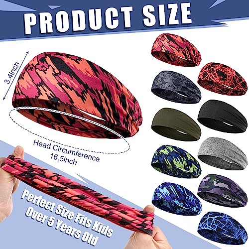 Kids Sports Headbands - 10 Pack Elastic Sweatbands for Soccer, Running & Gym
