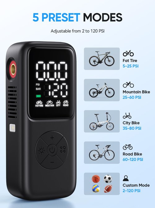 GPUTEK Mini Electric Bike Pump,120 PSI Bike Pump Portable with Guage Auto Stop, Bicycle Pump with Presta and Schrader, Bike Tire Pump Valve for Road Bicycle, Mountain Bike, E-Bike,Sports Ball