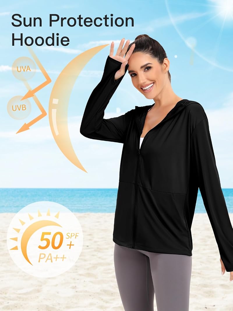 Womens UPF 50+ Sun Protection Hoodie Jacket Long Sleeve Sun Shirt - Hood Black Large