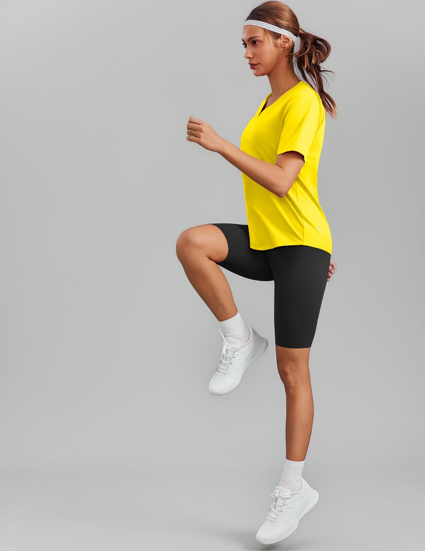 PINSPARK Womens Hiking Shirts Short Sleeve V Neck UPF 50 Sun Protection Moisture Wicking Quick Dry Outdoor Athletic Tops,Yellow X-Large