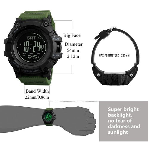 AOSLSI Watch Compass, Altimeter Barometer Thermometer Temperature, Pedometer, Military Army Waterproof Outdoors Sport Digital Watch for Men