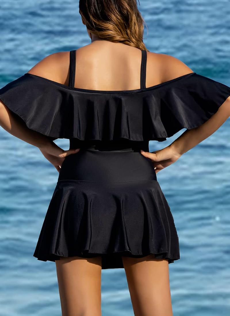 Plus Size One-Ppiece Off-Shoulder Swimsuit Dress for Women Black XX-Large – COCOPEAR