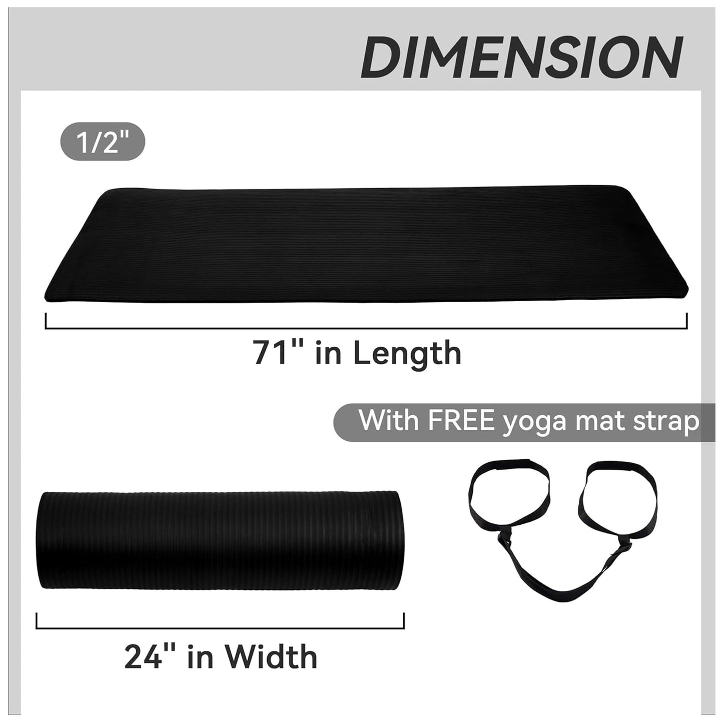 BalanceFrom Fitness GoYoga All Purpose 71x24 Inch Extra Thick 1/2 Inch Anti Tear High Density Slip Resistant Exercise Yoga Mat w/Carrying Strap, Black
