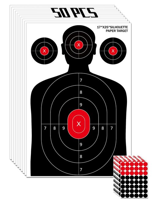 LAKINGO 50 Pack Paper Shooting Targets for Range, 17x25 Inch Silhouette Targets for Indoor/Outdoor Shooting with 480 Stickers, Compatible with Pistol, Rifles, air Gun, and BB Gun Practice