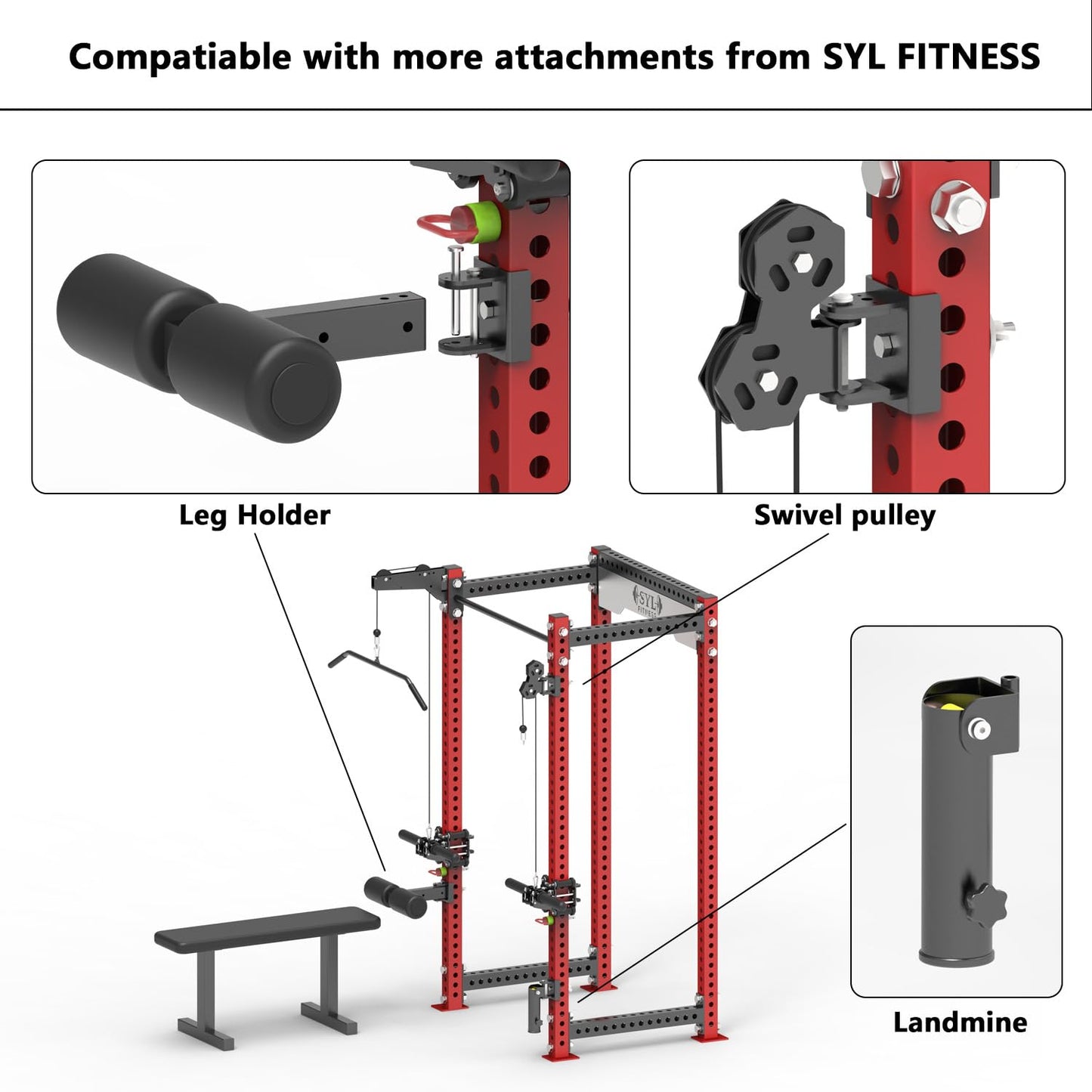 SYL Fitness Rack Mounted Landmine Attachment, T-Bar Row Landmine Base, Fit 2x2 inch & 3x3 inch Square Tube Power/Squat Rack