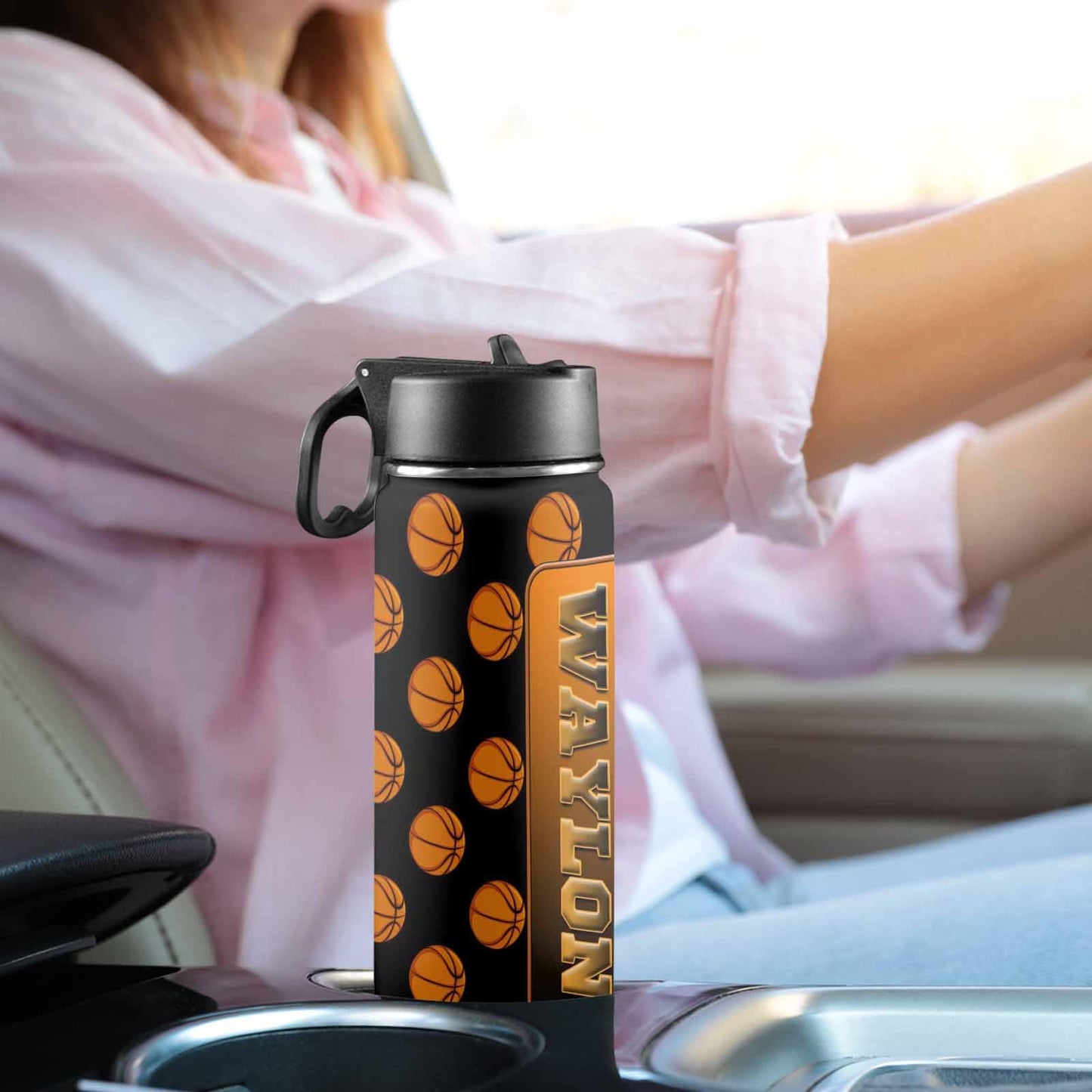 Custom Water Cup Basketball Print, Personalized Insulated Water Bottle with Name, 18oz Leak-proof Stainless Steel Water Cup, Boys Girls Birthday Back to School Gift
