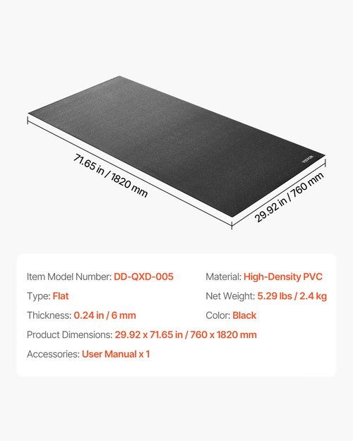 VEVOR Treadmill Mat for Carpet Floor, 1/4" Thick, 30" x 72" Exercise Equipment Mat for Treadmills, Stationary & Recumbent Bikes, High Density PVC Floor Protector, Waterproof and Non-Slip for Home Gym
