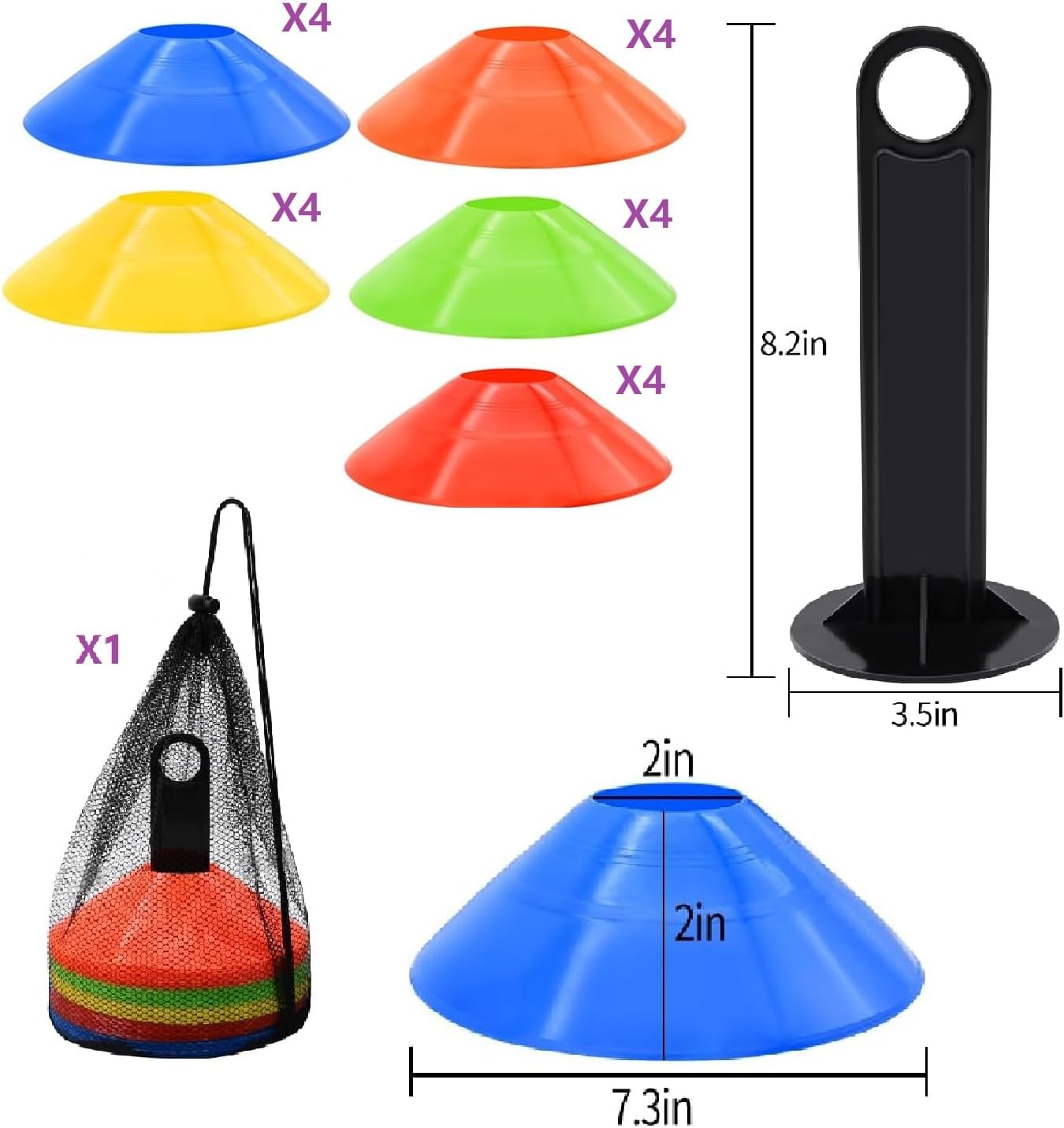 20 Pack Agility Disc Cones for Sports Training, Soccer, Football, Basketball, with Carry Bag and Holder, 5 Vibrant Colors for Practice and Drills