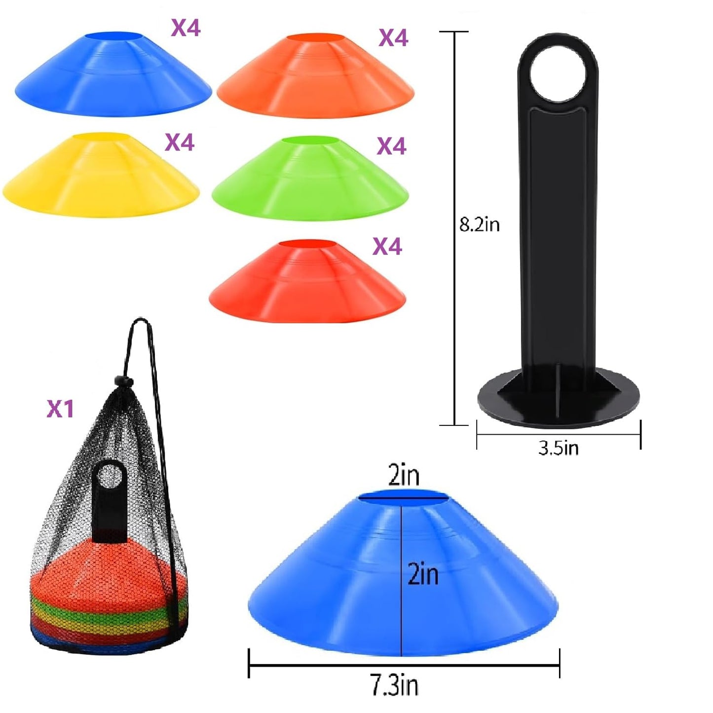 20 Pack Agility Disc Cones for Sports Training, Soccer, Football, Basketball, with Carry Bag and Holder, 5 Vibrant Colors for Practice and Drills