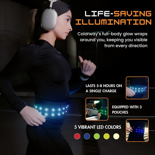 Colorway LED Running Belt - Reflective Running Gear with Removable Light Strip, 5 Bright Colors, USB Rechargeable, Adjustable Waist Pack, High Visibility, Night Safety Belts for Men and Women