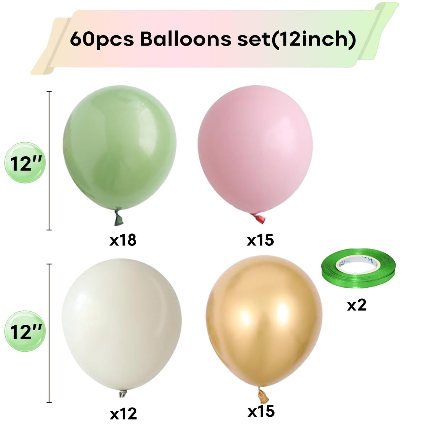 Sage Green Pink Balloon, 60 Packs 12 Inch Olive Green Pink Balloon with Sand White Metallic Gold Balloons for Floral Fairy Wildflower Baby Shower Birthday Woodland Garden Tea Party Party Decorations