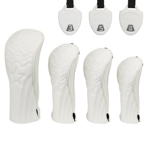 Golf Club Head Covers - 4pcs PU Leather Stars Golf Headcovers for Woods and Driver Fairway Hybrid Golf Clubs with Interchangeable Tags - White