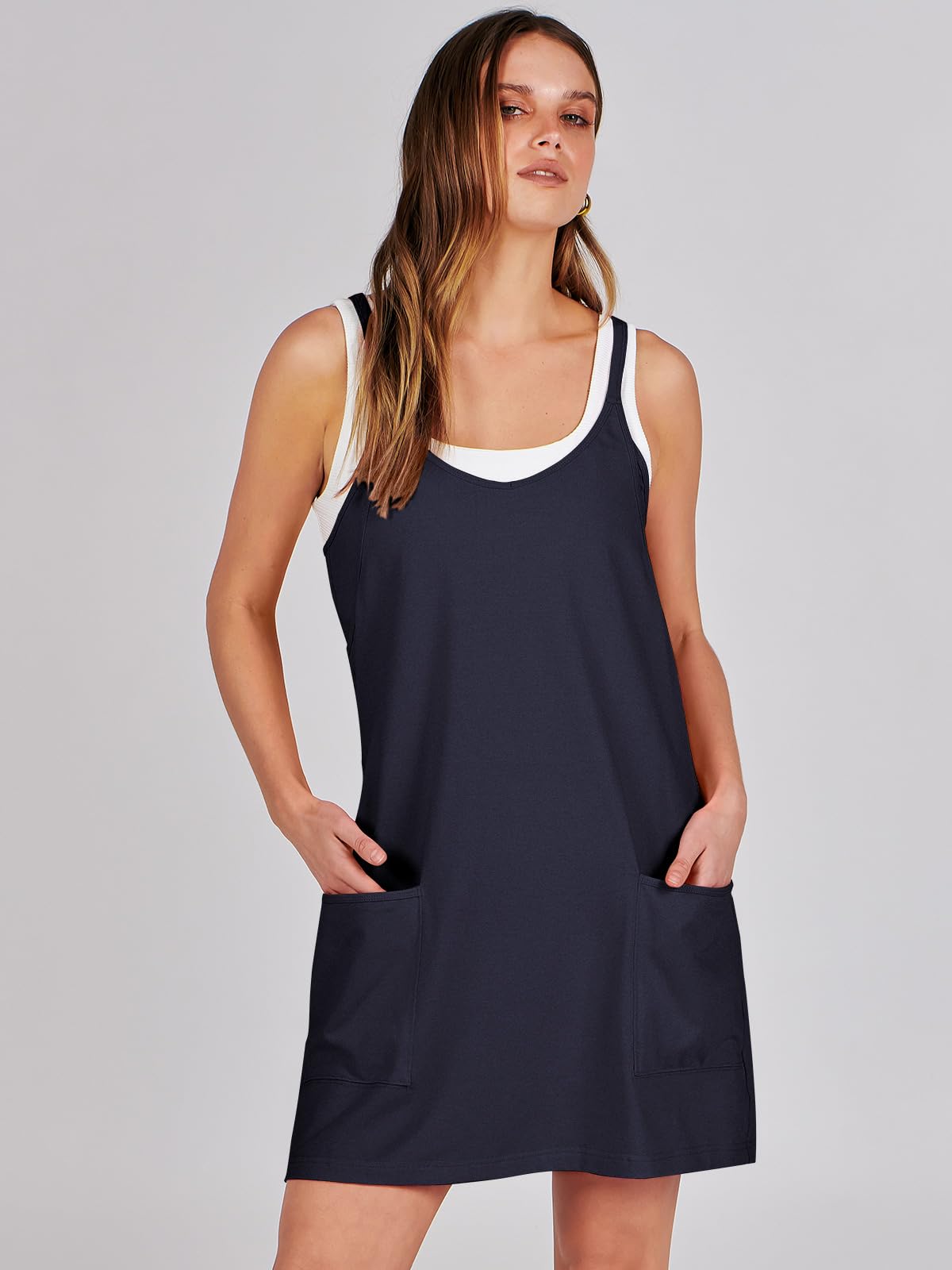 ANRABESS Women Athletic Dress Summer Tennis Workout Active Sports Mini Romper Dress Built in Shorts Travel Vacation Clothes Navy Blue X-Large