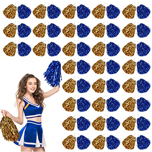 Cheerleading Pom Poms Set with Baton Handles - Gold and Blue, 60 Pieces