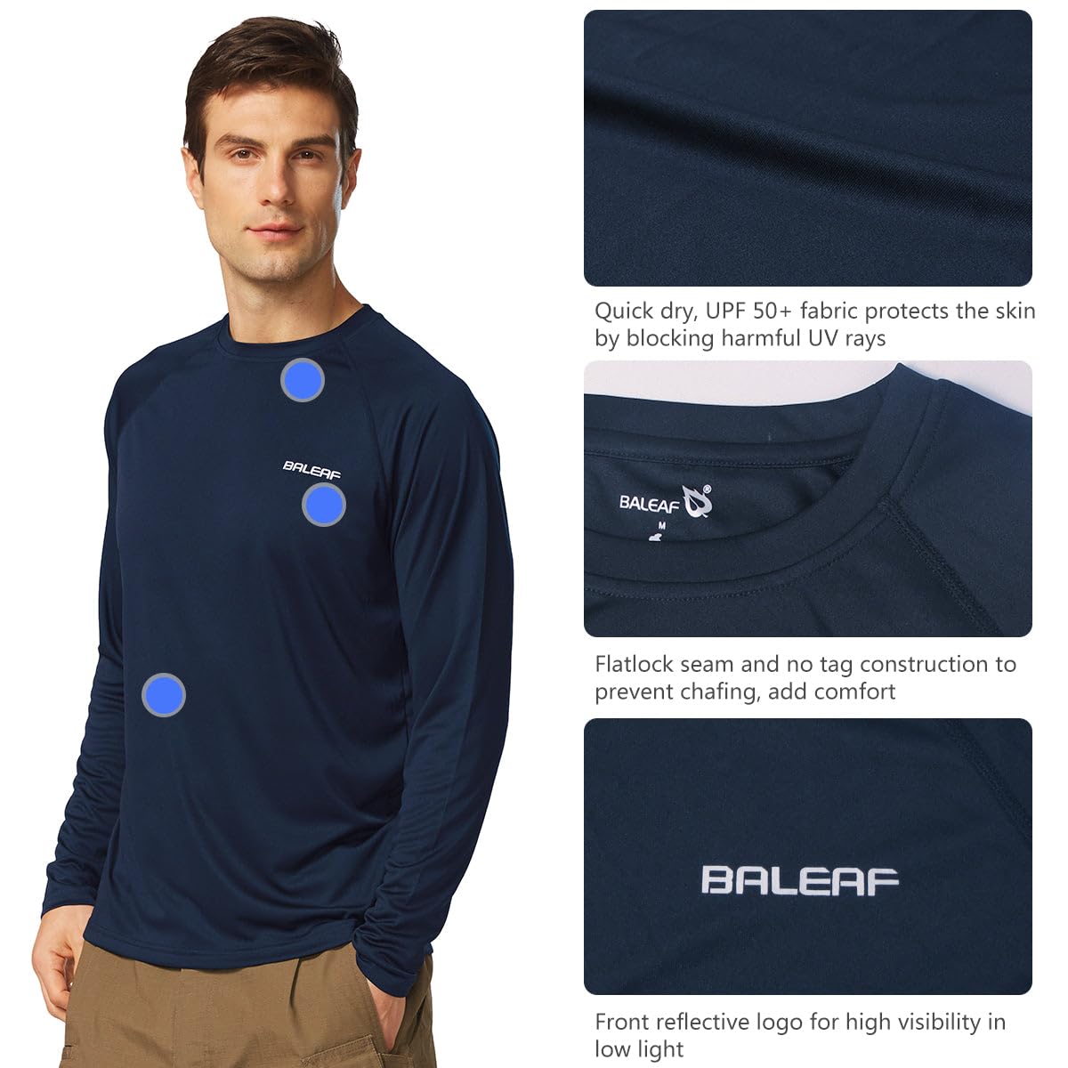 baleaf Mens UPF 50+ Sun Protection Shirts Long Sleeve Rash Guard, Quick Dry 4-Way Stretch for Fishing Swimming Surfing 01-Dark Blue 2XL