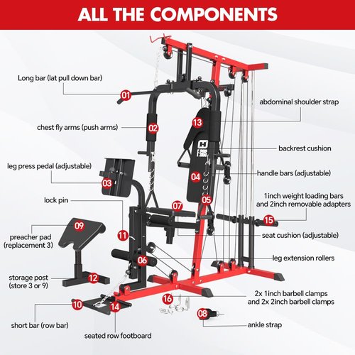 FAGUS H Home Gym Workout Station, All in One Home Gym System with Leg Extension, Leg Press and Full Body Exercise Accessories, Multi-Function Adjustable Plate Loaded Strength Training Machine, Red