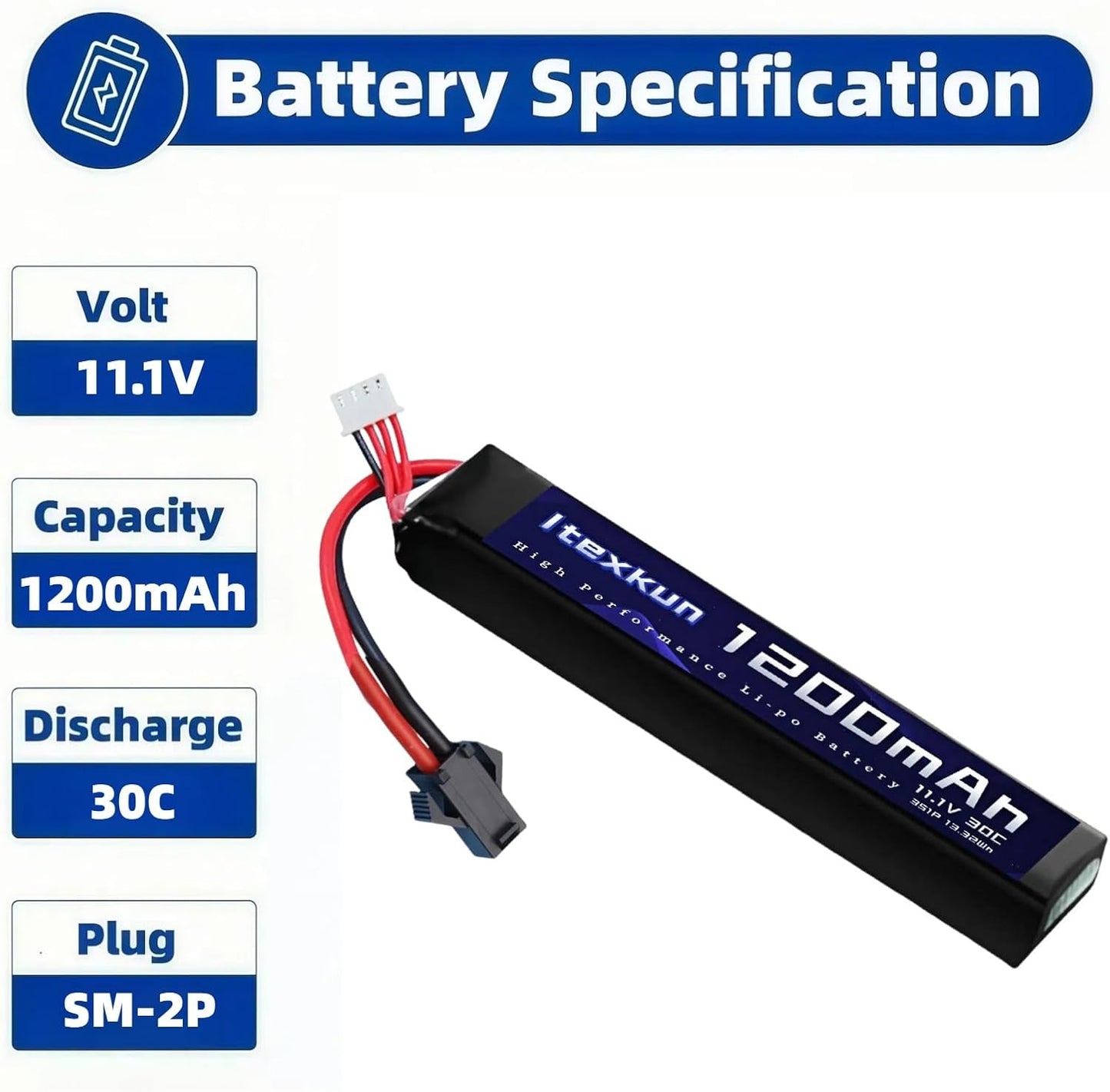 11.1V 3S 1200mAh SM-2P Plug Airsoft Lipo Battery 30C High Discharge Rate Rechargeable 3S Lipo Battery for Airsoft Model Guns