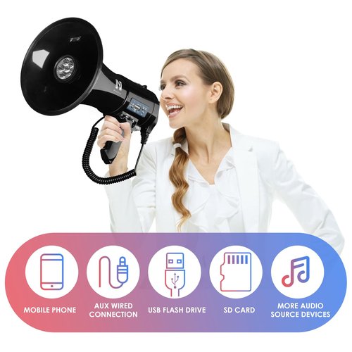 MGROLX 50w Megaphone with LED, Siren Alarm, 240s Recording & USB/3.5mm AUX/Bluetooth Input - Rechargeable Battery, for Police, Cheerleading, Outdoor(Black)