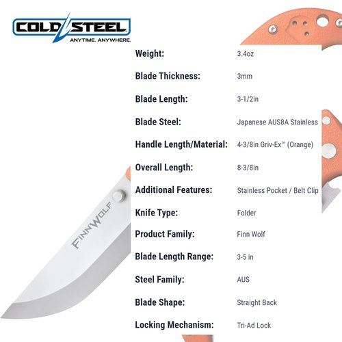 Cold Steel Finn Wolf 3.5in AUS8A Razor-Sharp Straight Back Blade 4.375in Griv-Ex Blaze Orange Handle Hunting Folding Knife, Boxed