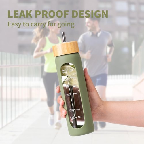 FrutPunch 18 OZ Glass Water Bottles, Water Bottle with Time Marker, Leakproof Glass Water Bottles with Silicone Sleeves, Suitable for Offices and Gyms. (green)