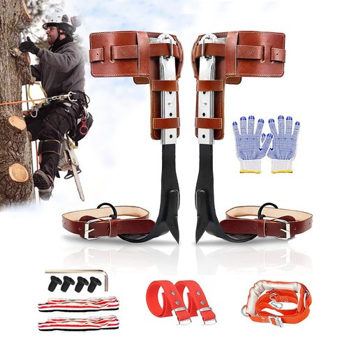 MYCGJH Tree Climbing Spikes Set with Harness Belt, Upgrade Cow Leather Tree Climbing Spikes Height Adjustable Tree Climbing Gear Pole Forging Tree Climbing Tool for Outdoor Activities