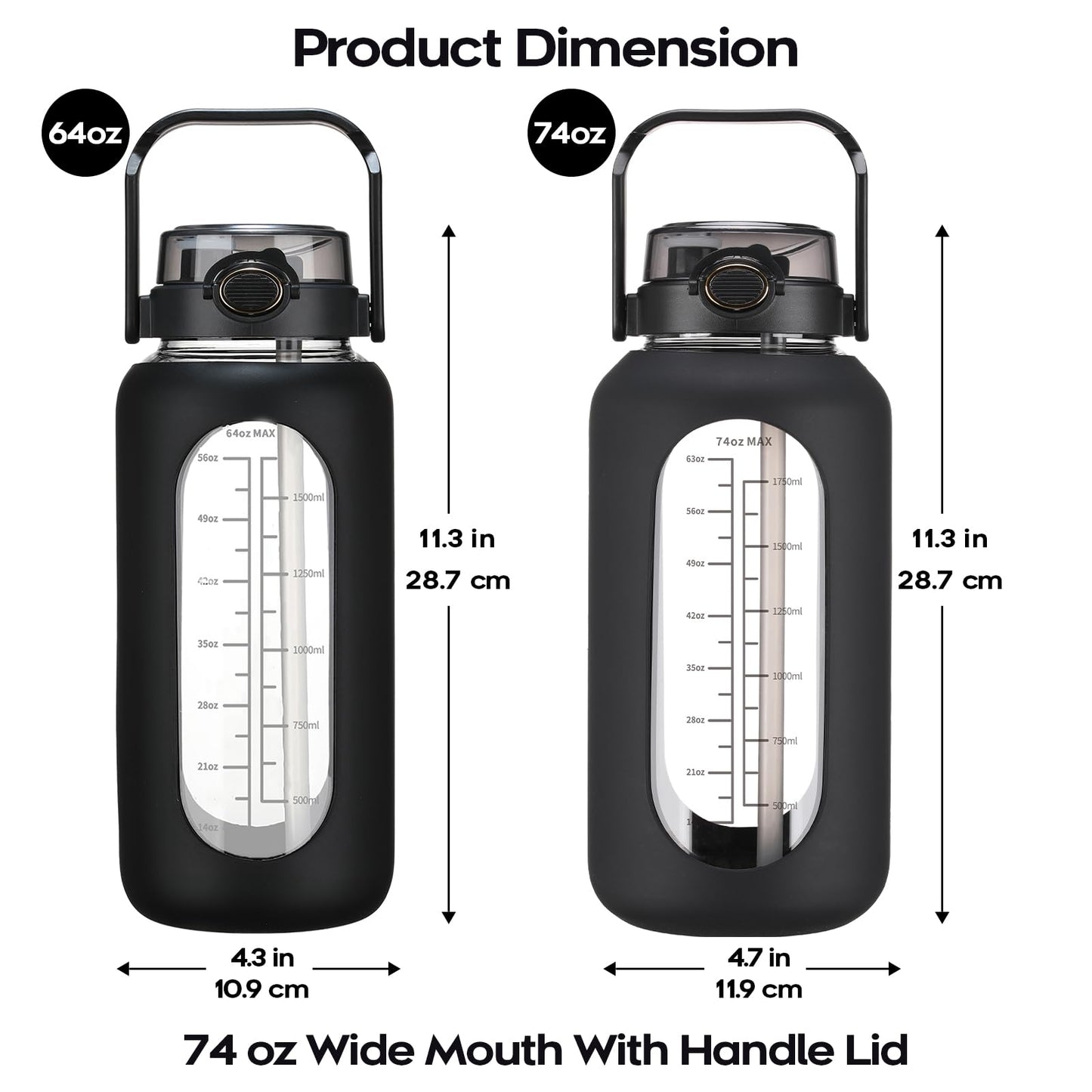 chunmo 74 oz Glass Water Bolttles with Straw Large Motivational Water Bottle with Time Marker Sports Water Bottles with Silicone Sleeve and Handle Lid 2.2L Water Jug for Gym Workout