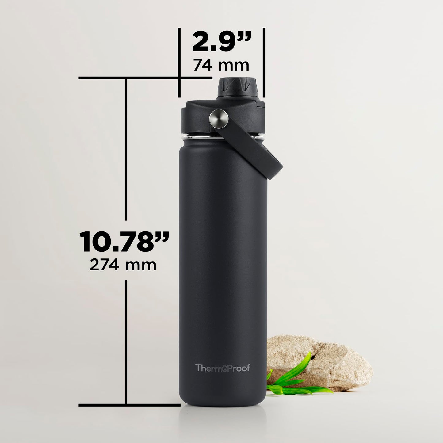 ThermoProof Double-Walled Vacuum Insulated Stainless Steel Water Bottle - Wide Mouth with Chug & Spout Lids, Dishwasher Safe, Reusable, Leakproof, Hot & Cold for Men, Women & Kids - 22oz, Black