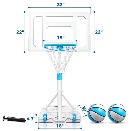 Skytime Pool Basketball Hoop Poolside, Stainless Steel Rust-Proof 32" Portable Basketball Hoop Outdoor, Height Adjustable Swimming Pool Basketball Goal Set, Perfect for Swimming Pool & Home Play,25L